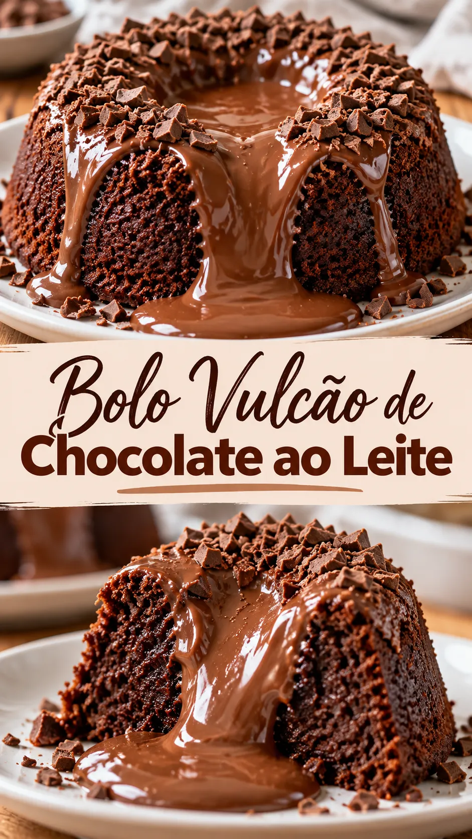 Imagem para o Pinterest com o título “Bolo Vulcão de Chocolate ao Leite” e duas fotos da receita