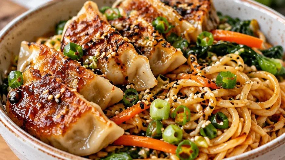 Foto de bowl de Macarrão com Guioza pronto para servir