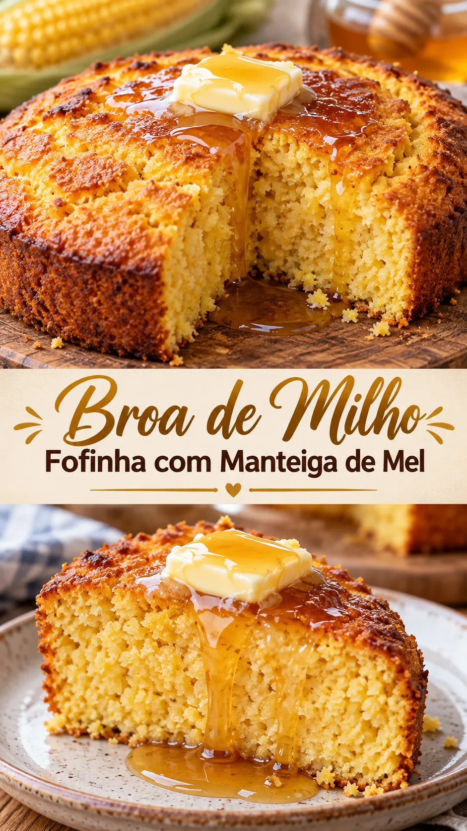 Imagem para o Pinterest com o título “Broa de Milho Fofinha com Manteiga de Mel” e duas fotos da receita