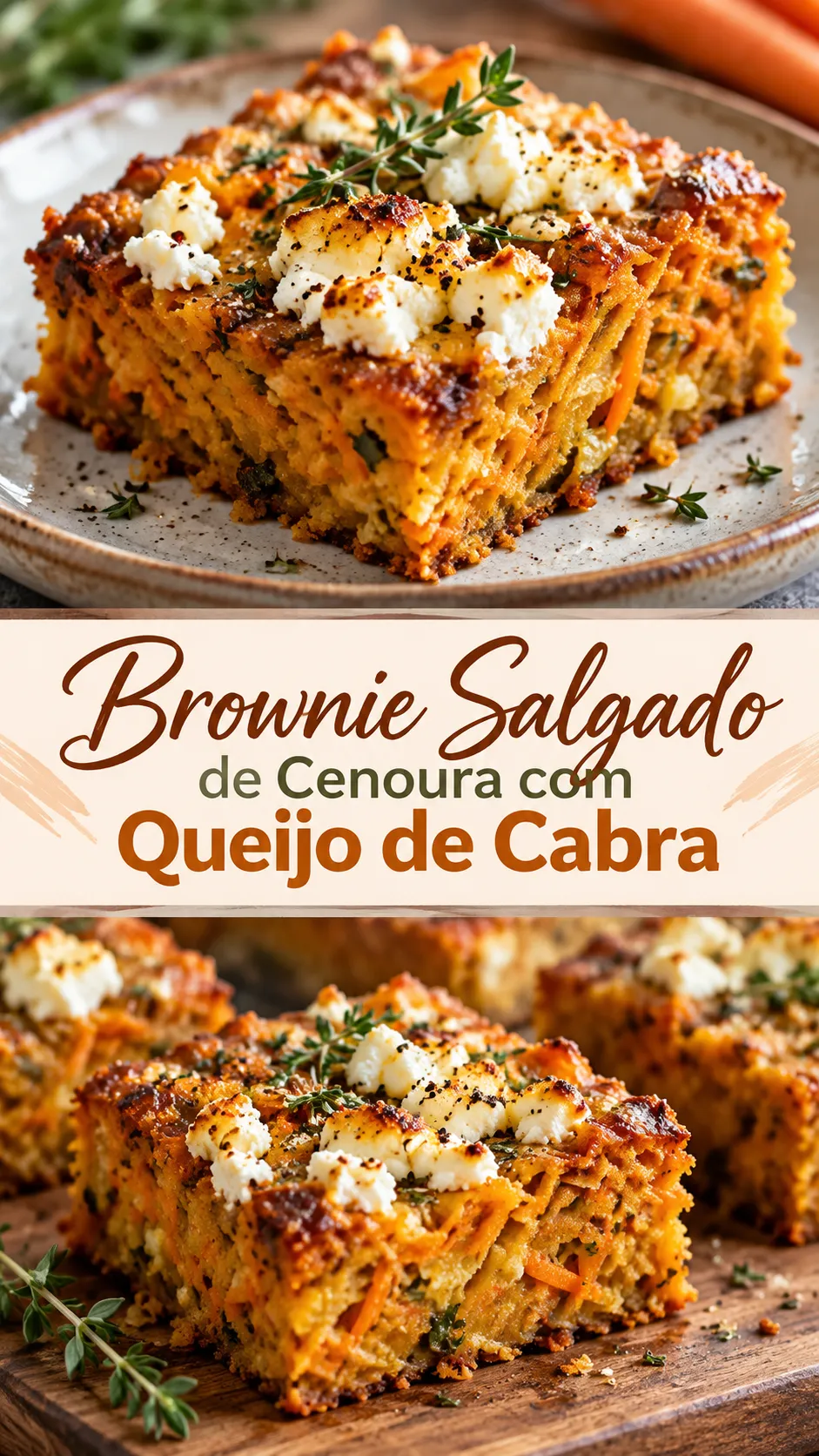 Imagem para o Pinterest com o título “Brownie Salgado de Cenoura com Queijo de Cabra” e duas fotos da receita
