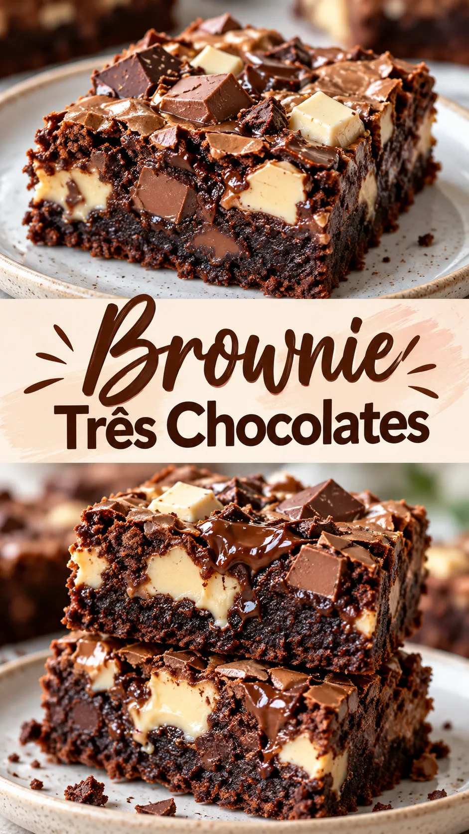 Imagem para o Pinterest com o título “Brownie Três Chocolates” e duas fotos da receita