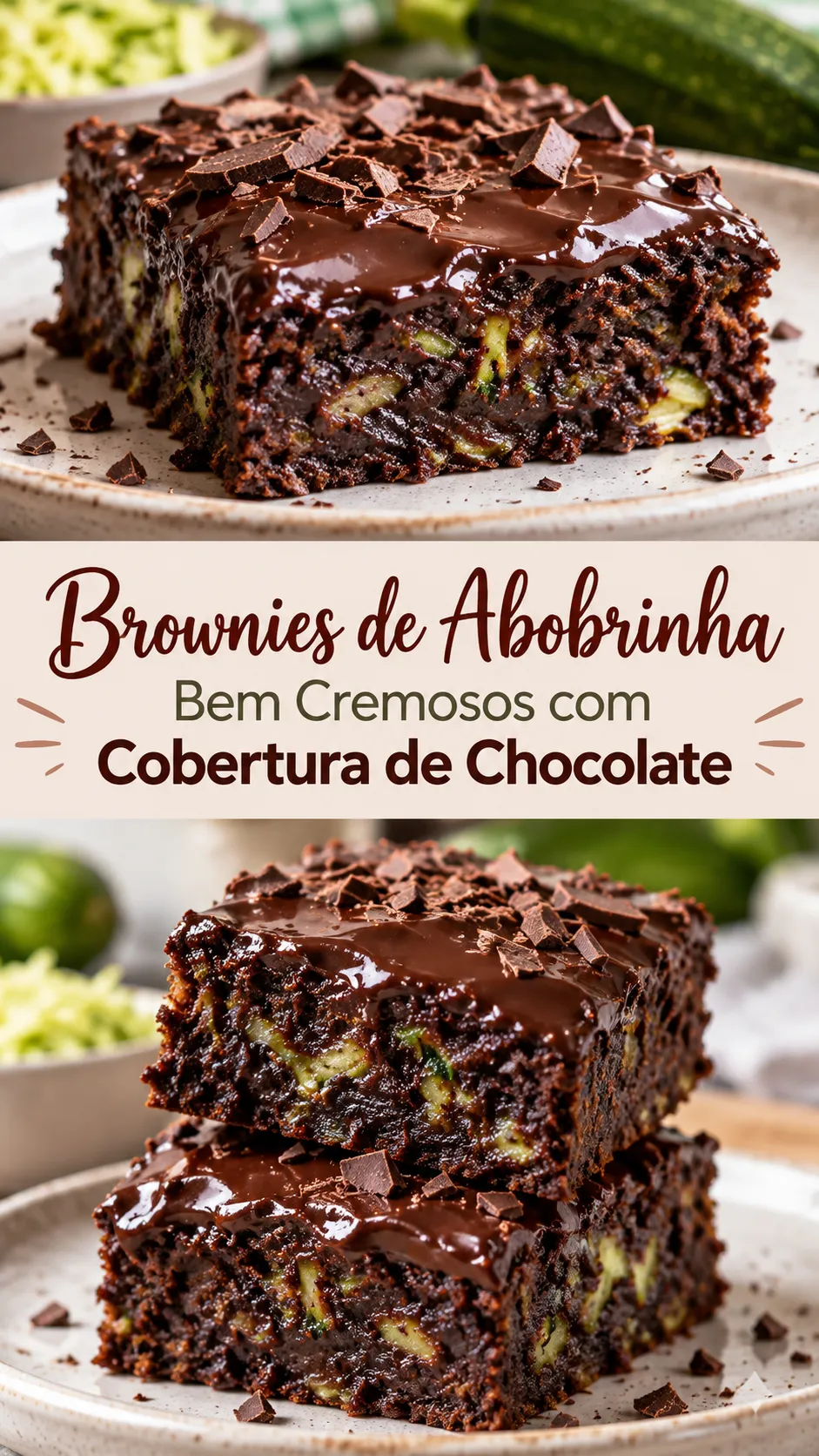 Imagem para o Pinterest com o título “Brownies de Abobrinha Bem Cremosos com Cobertura de Chocolate” e duas fotos da receita