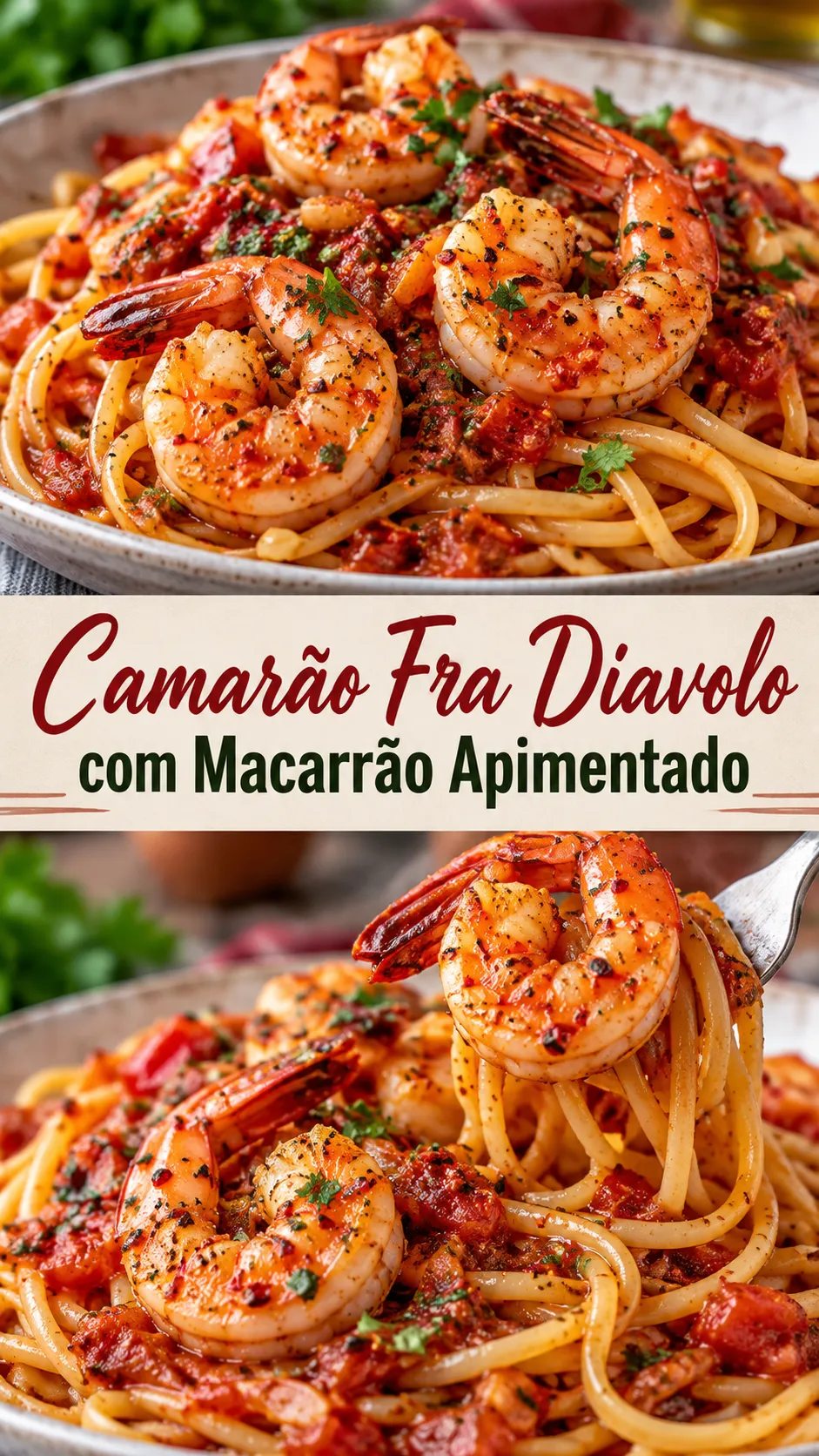 Imagem para o Pinterest com o título “Camarão Fra Diavolo com Macarrão Apimentado” e duas fotos da receita