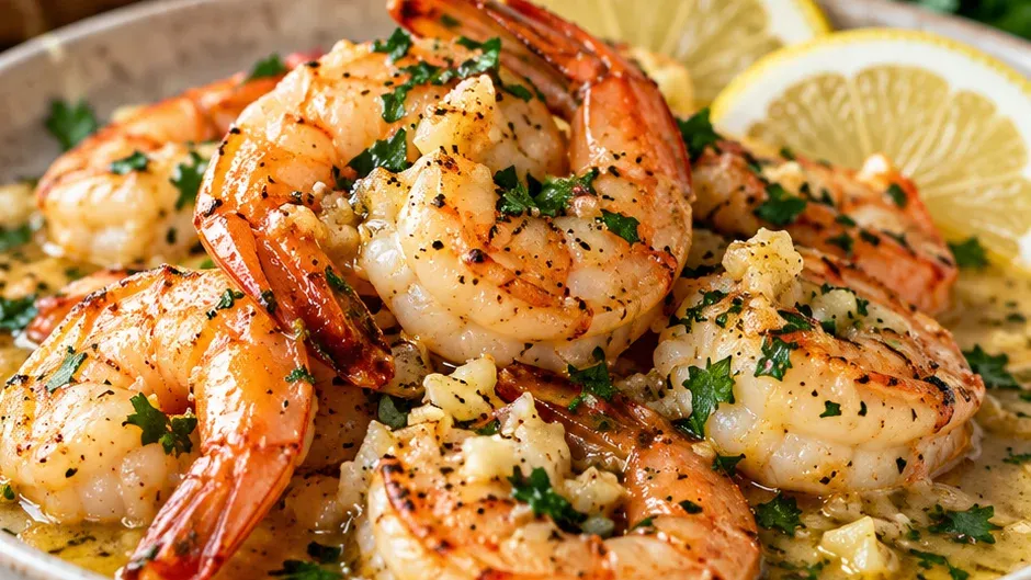 Foto de camarão Scampi ao Molho de Manteiga, Alho e Limão pronto para servir