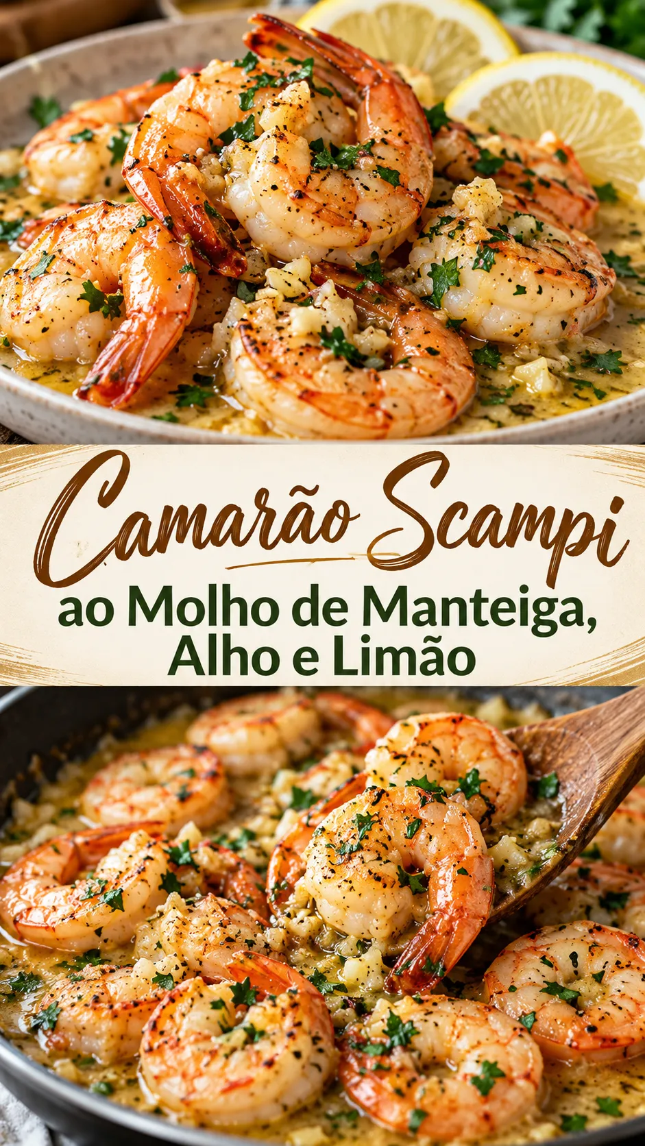 Imagem para o Pinterest com o título “Camarão Scampi ao Molho de Manteiga, Alho e Limão” e duas fotos da receita