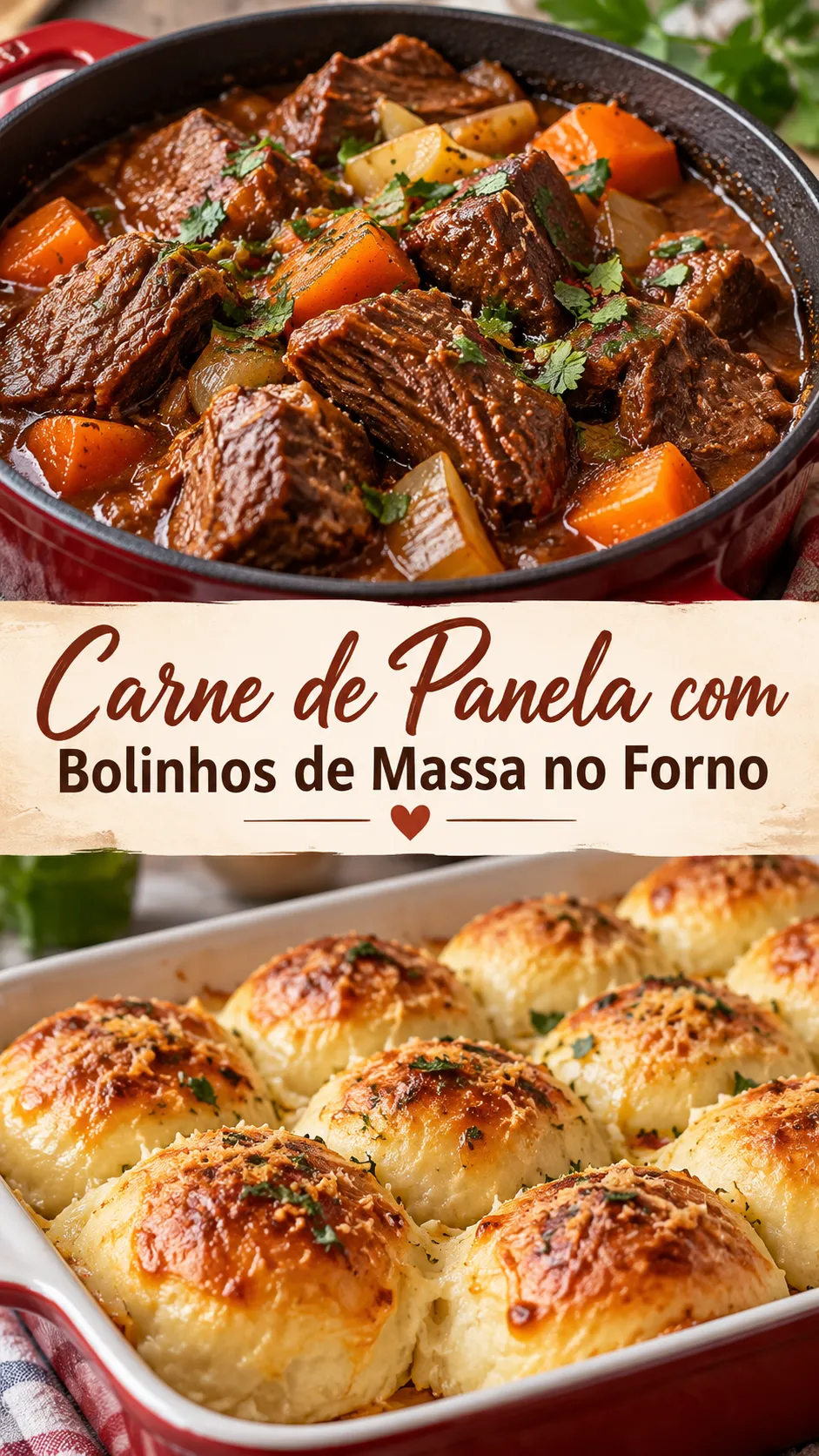 Imagem para o Pinterest com o título “Carne de Panela com Bolinhos de Massa no Forno” e duas fotos da receita