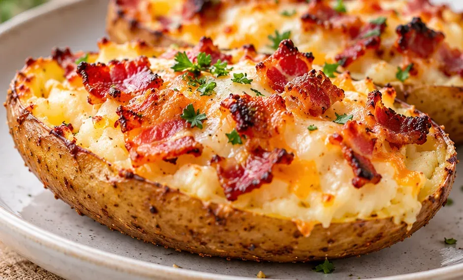 Outra foto de cascas de Batata Recheadas com Bacon e Queijo