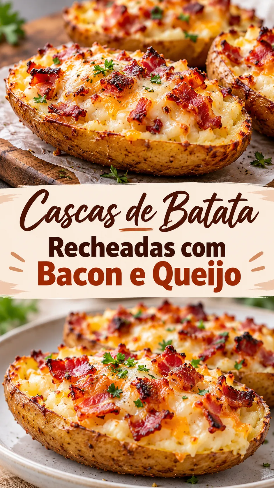 Imagem para o Pinterest com o título “Cascas de Batata Recheadas com Bacon e Queijo” e duas fotos da receita
