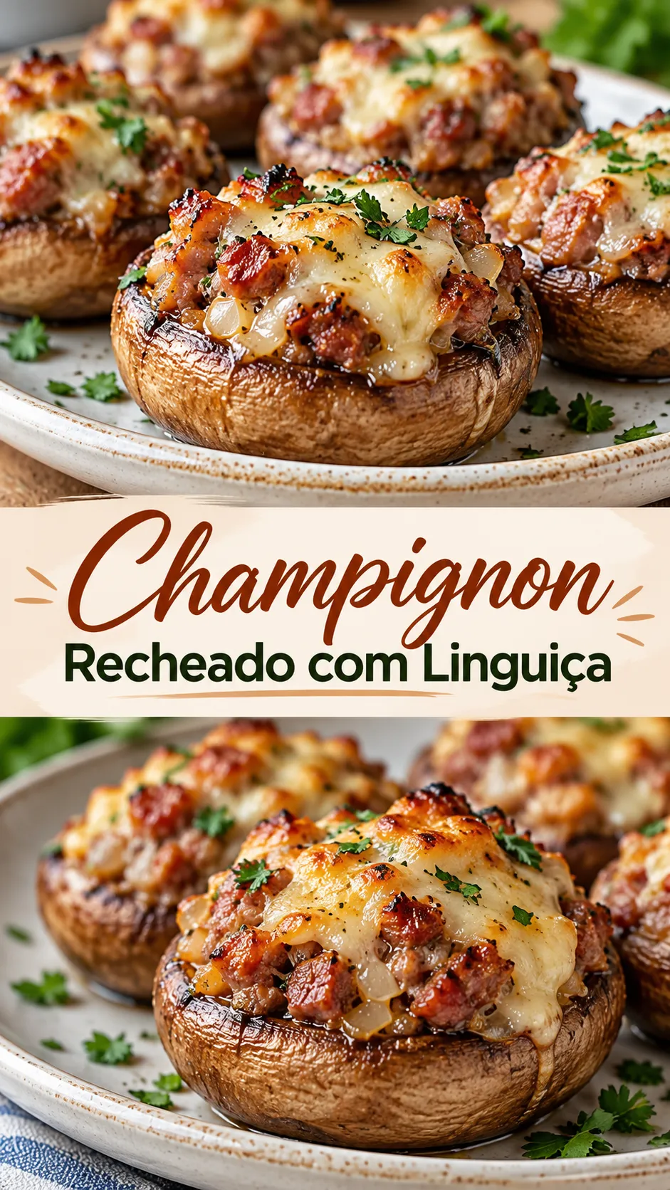 Imagem para o Pinterest com o título “Champignon Recheado com Linguiça” e duas fotos da receita