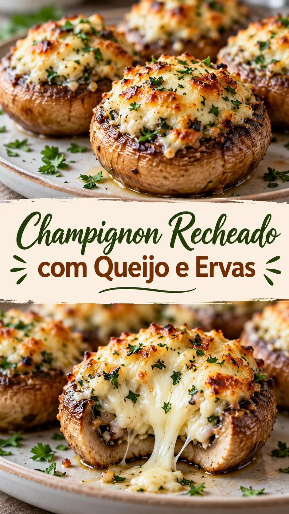 Imagem para o Pinterest com o título “Champignon Recheado com Queijo e Ervas” e duas fotos da receita