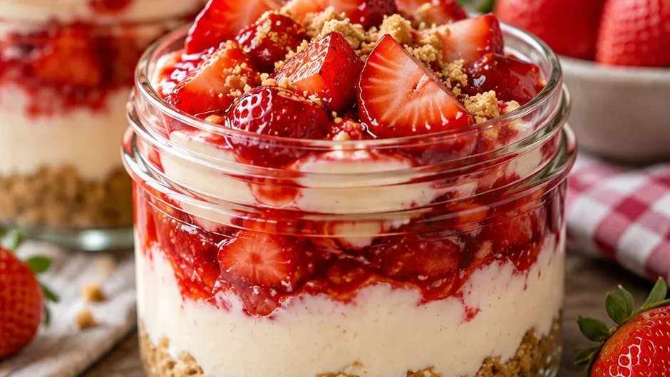 Foto de cheesecake de Morango Sem Forno no Pote pronto para servir