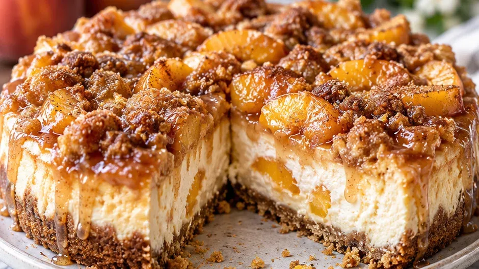 Foto de cheesecake de Pêssego com Cobertura de Cobbler pronto para servir