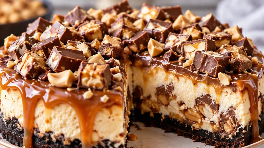 Foto de cheesecake de Snickers pronto para servir