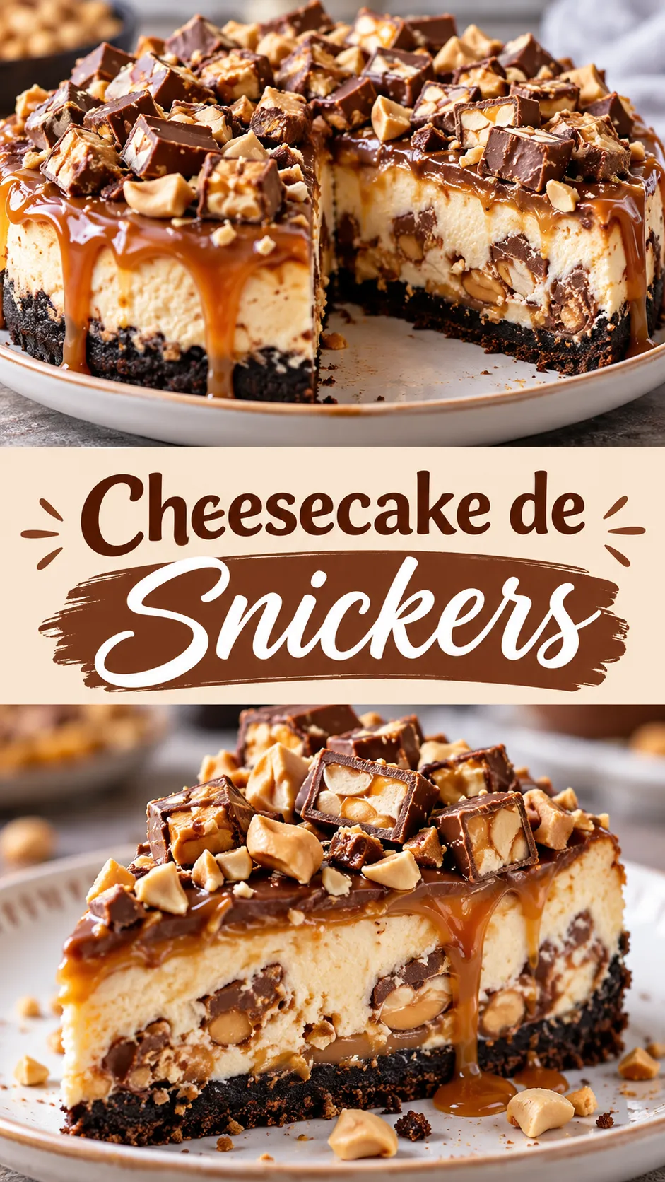 Imagem para o Pinterest com o título “Cheesecake de Snickers” e duas fotos da receita