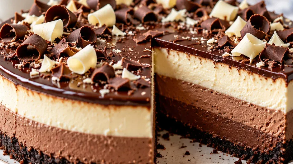 Foto de cheesecake Três Chocolates pronto para servir