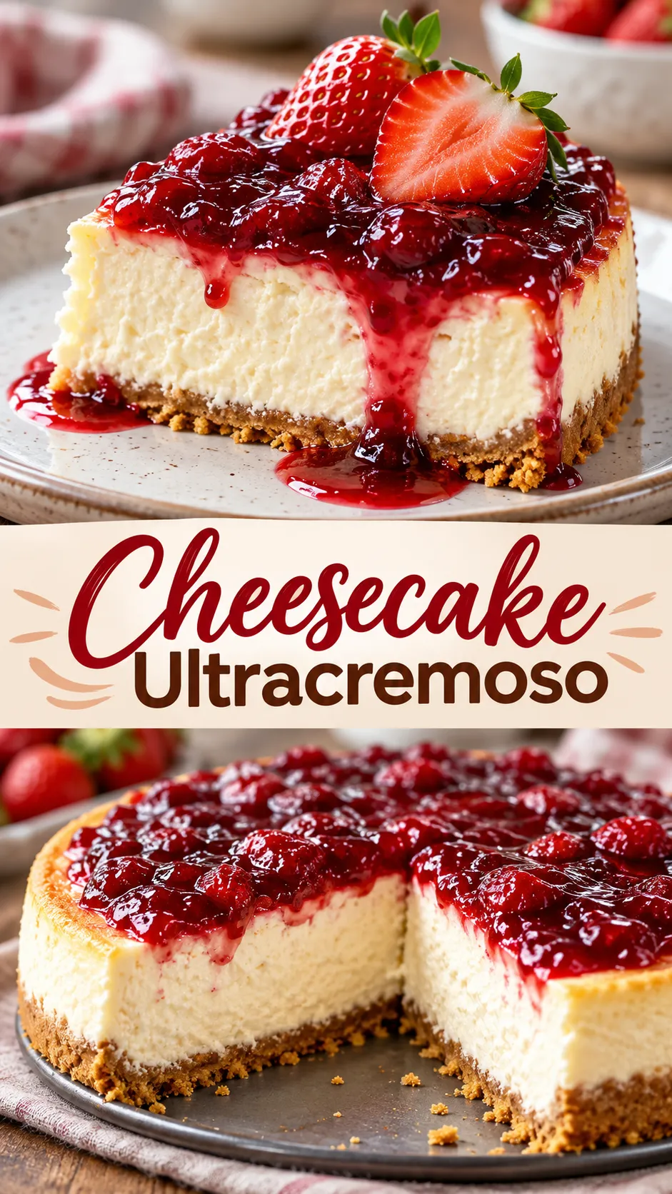 Imagem para o Pinterest com o título “Cheesecake Ultracremoso” e duas fotos da receita