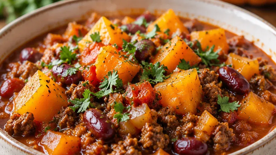 Foto de chili de Carne com Abóbora pronto para servir
