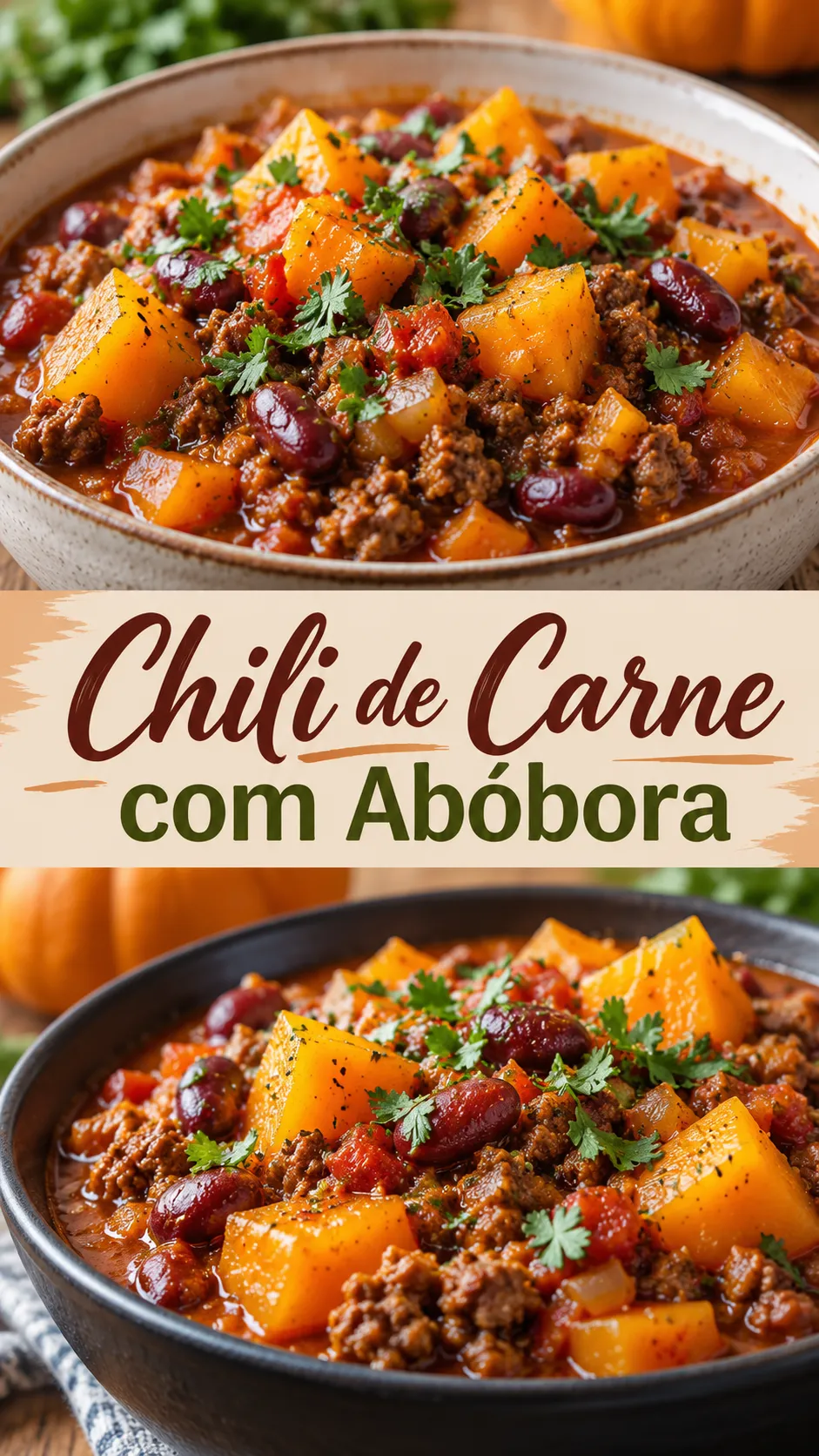 Imagem para o Pinterest com o título “Chili de Carne com Abóbora” e duas fotos da receita