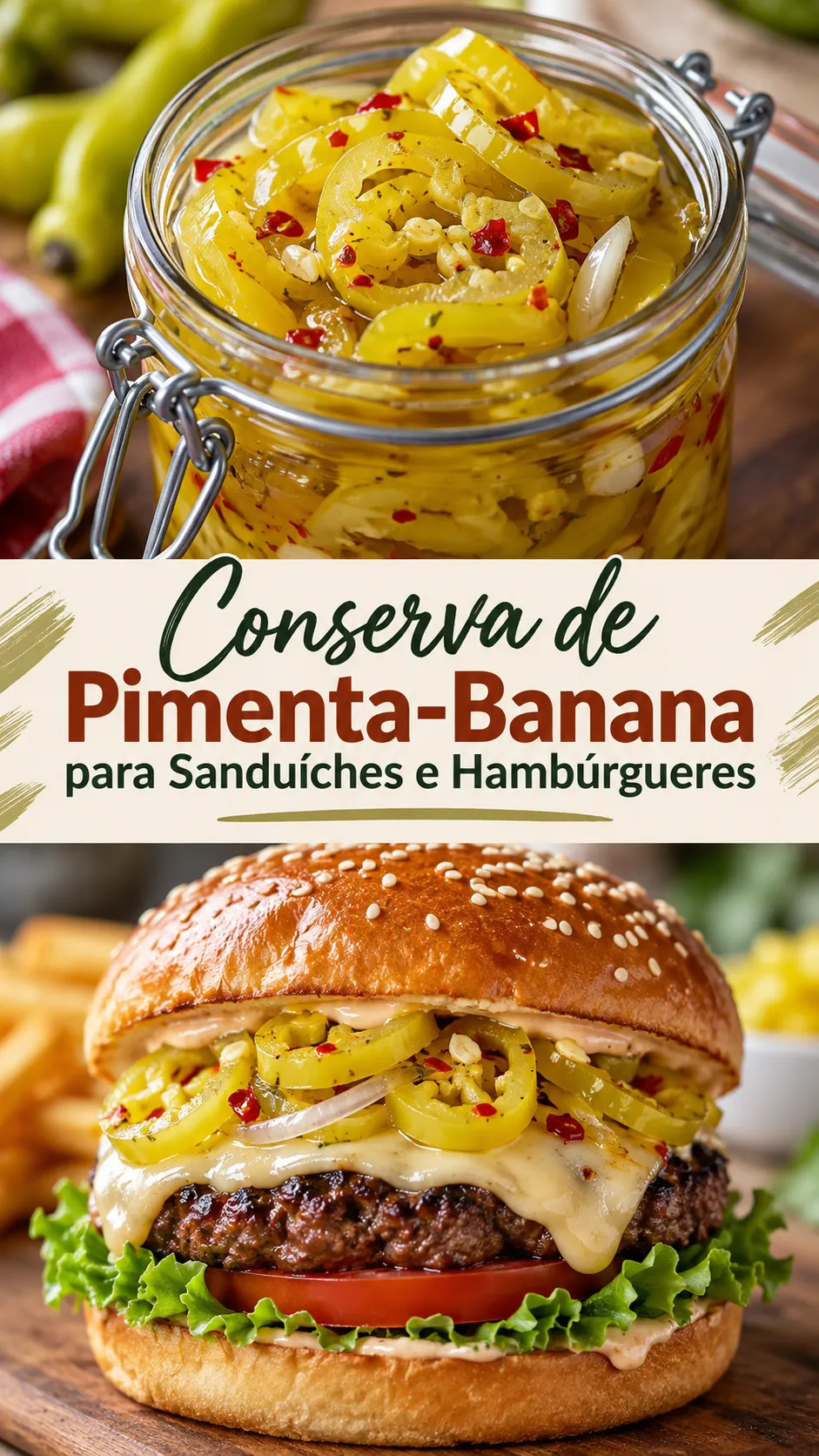 Imagem para o Pinterest com o título “Conserva de Pimenta-Banana para Sanduíches e Hambúrgueres” e duas fotos da receita