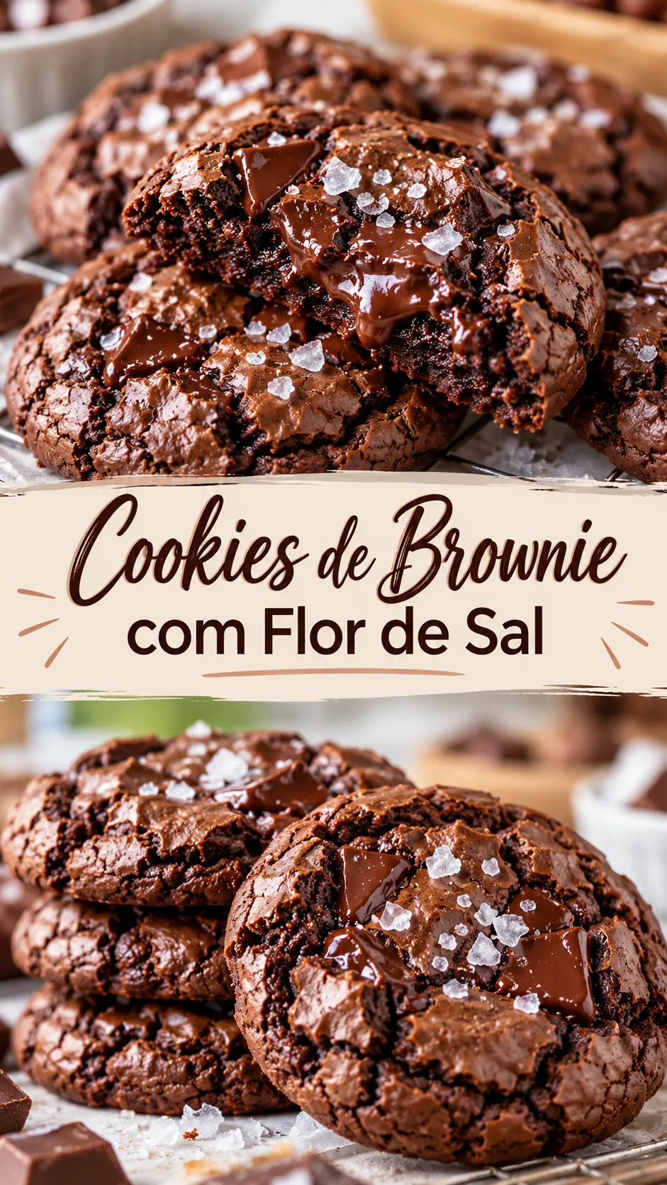 Imagem para o Pinterest com o título “Cookies de Brownie com Flor de Sal” e duas fotos da receita
