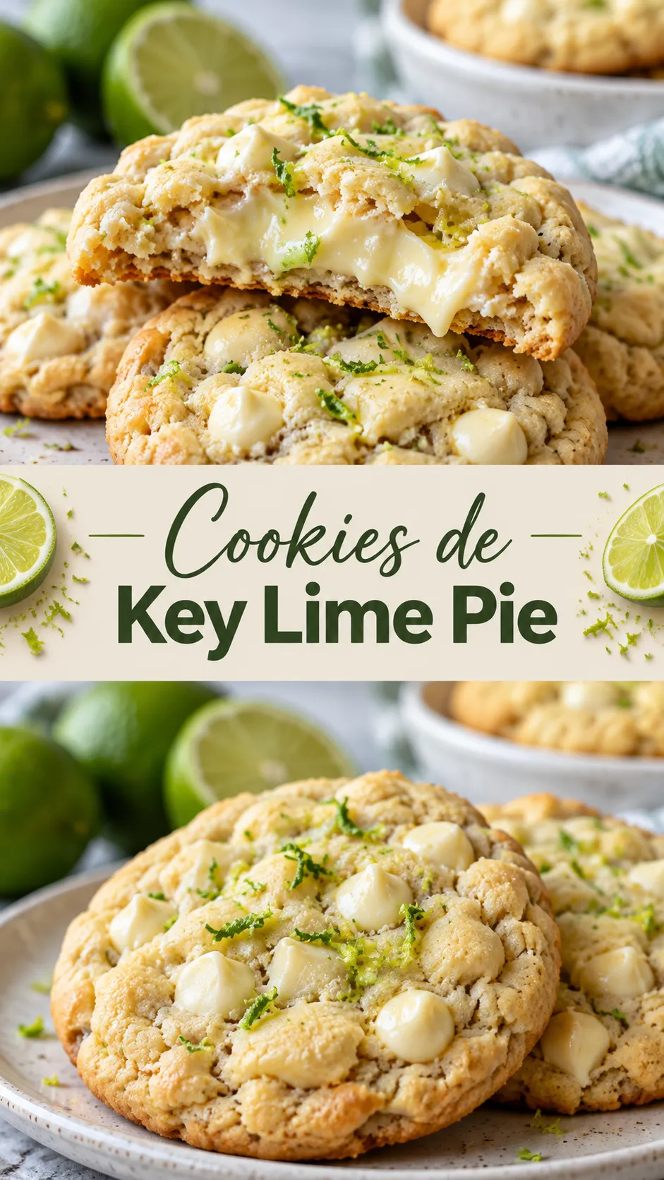Imagem para o Pinterest com o título “Cookies de Key Lime Pie” e duas fotos da receita