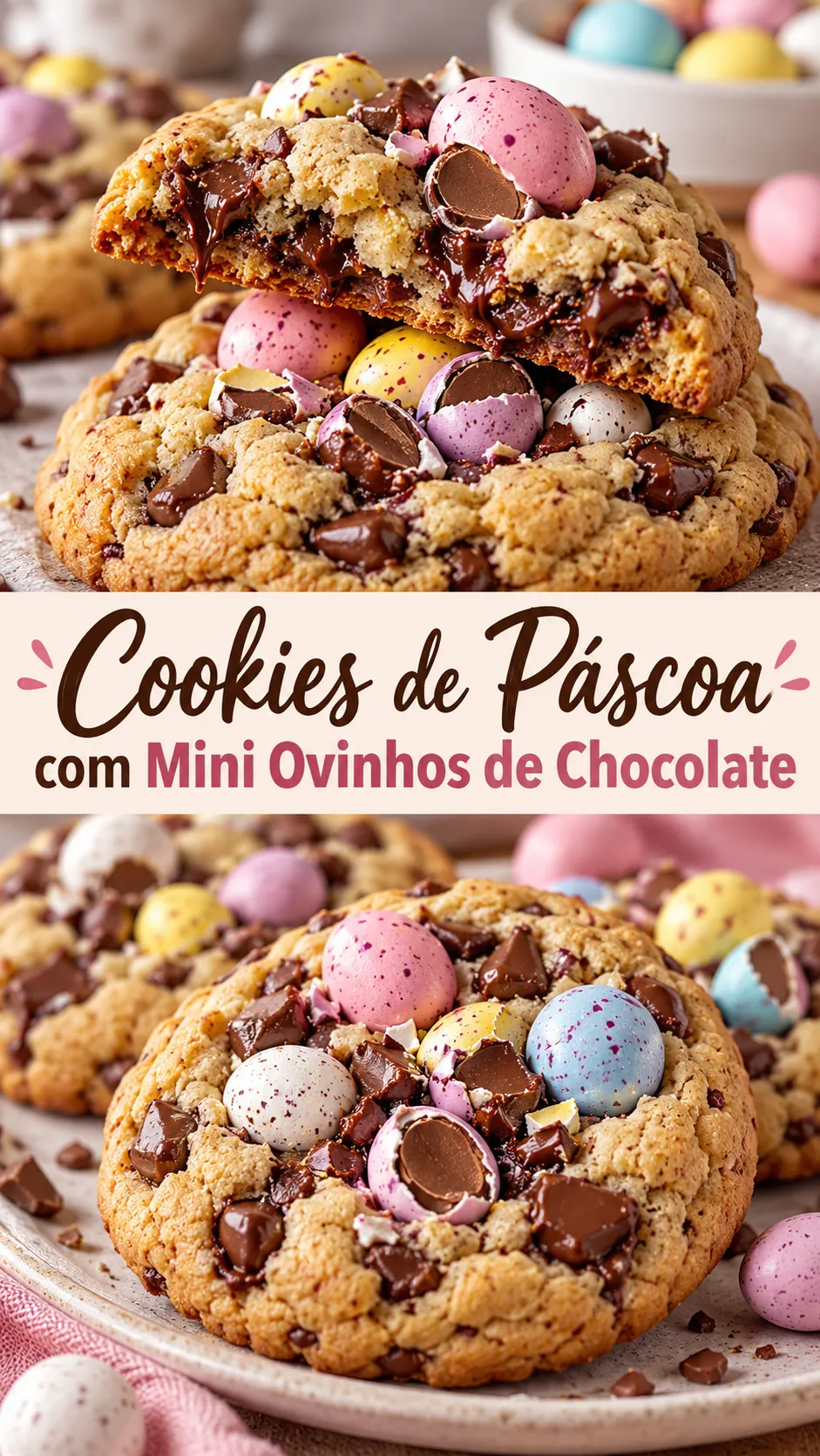 Imagem para o Pinterest com o título “Cookies de Páscoa com Mini Ovinhos de Chocolate” e duas fotos da receita