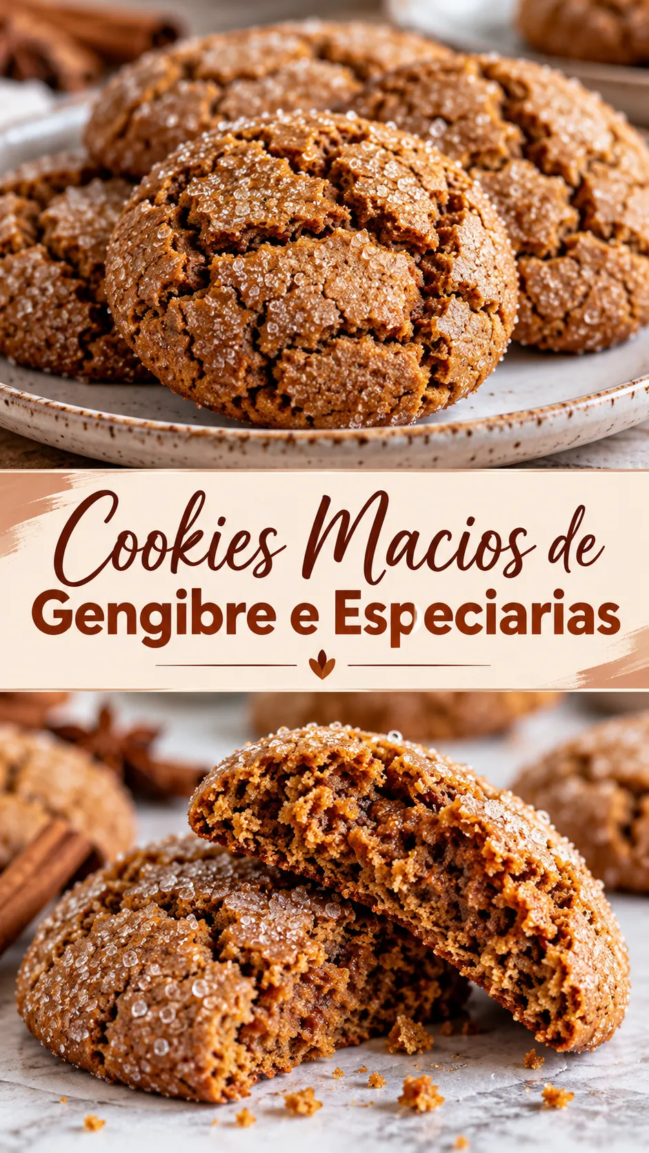 Imagem para o Pinterest com o título “Cookies Macios de Gengibre e Especiarias” e duas fotos da receita
