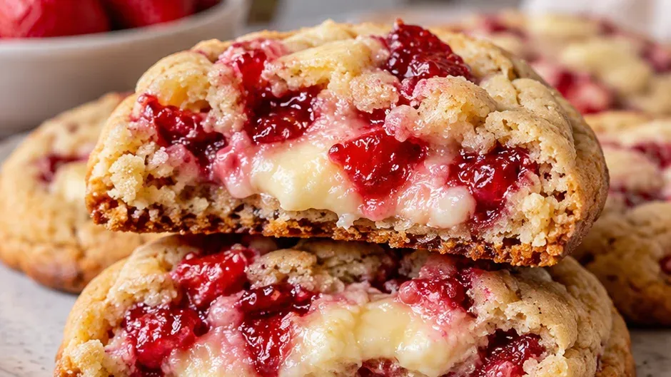 Foto de cookies Recheados com Cheesecake de Morango pronto para servir