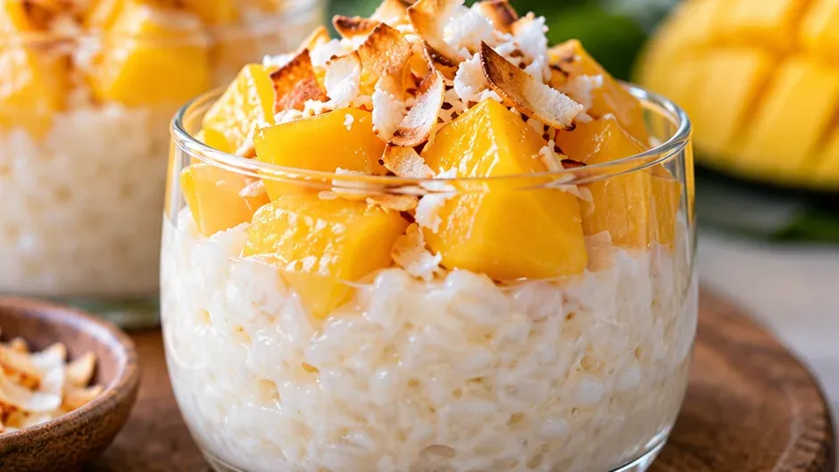 Foto de copinhos de Arroz Doce Tailandês com Manga pronto para servir