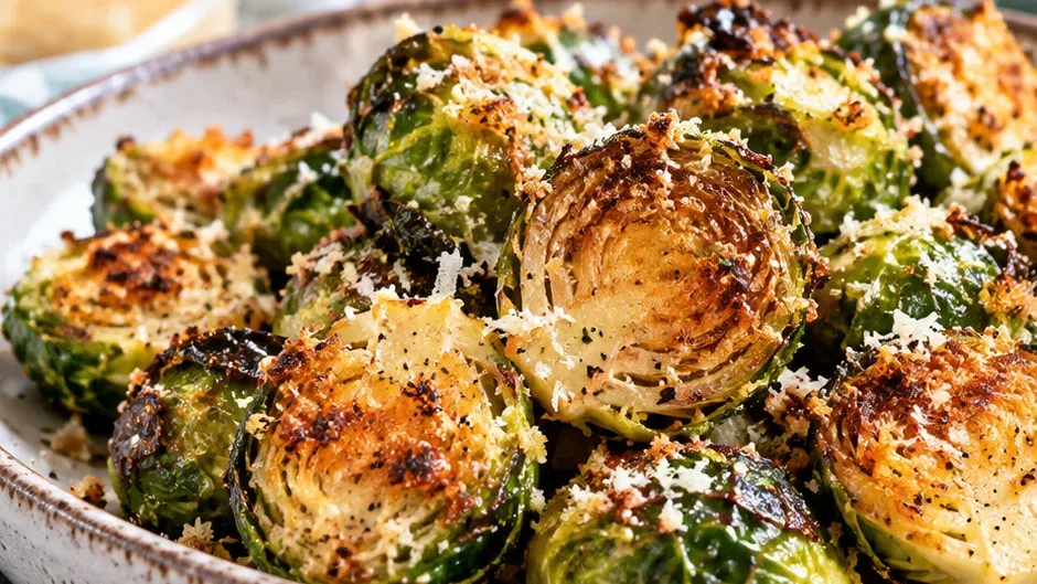 Foto de couve-de-Bruxelas Crocante com Crosta de Parmesão pronto para servir