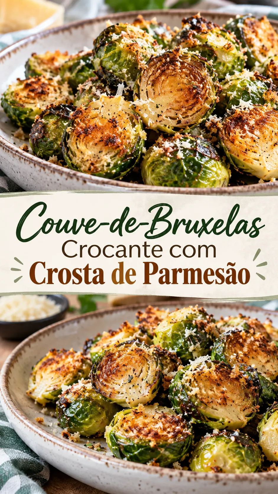 Imagem para o Pinterest com o título “Couve-de-Bruxelas Crocante com Crosta de Parmesão” e duas fotos da receita