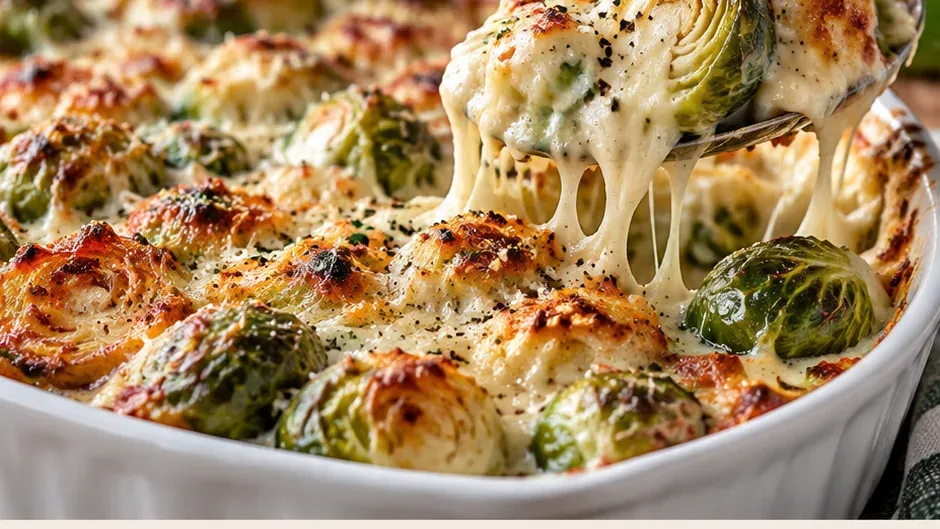 Foto de couve-de-Bruxelas Gratinada Cremosa pronto para servir