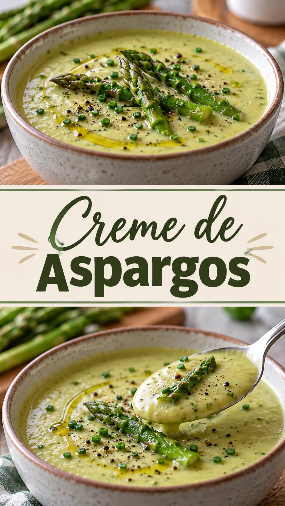 Imagem para o Pinterest com o título “Creme de Aspargos” e duas fotos da receita