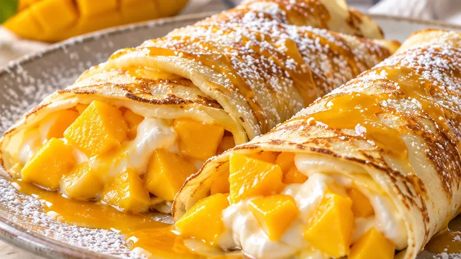 Foto de crepes Recheados com Creme de Iogurte e Manga pronto para servir