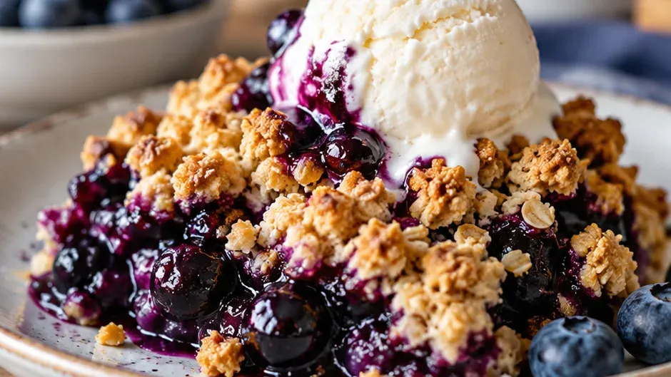Foto de crumble de Mirtilo Fresco com Cobertura de Manteiga Crocante pronto para servir