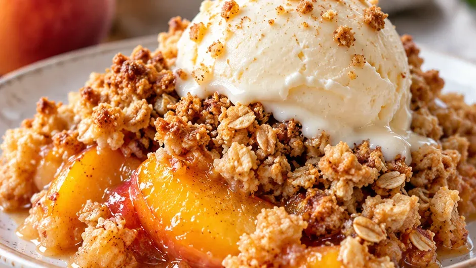 Foto de crumble de Pêssego com Farofa de Aveia Dourada pronto para servir