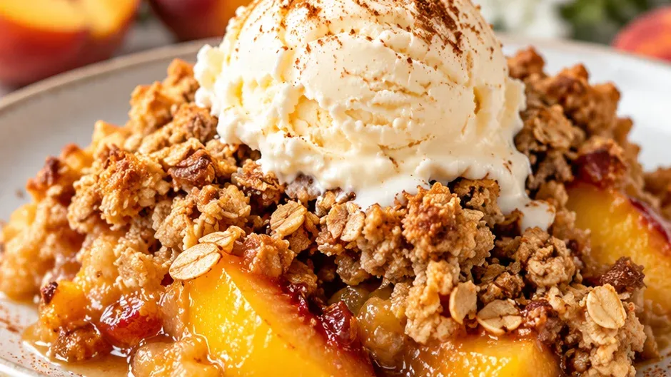 Foto de crumble de Pêssego Saudável com Pouco Açúcar pronto para servir