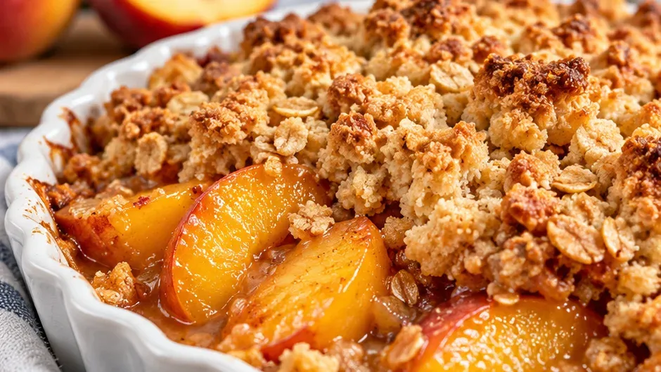 Foto de crumble de Pêssego Tradicional com Pêssegos Frescos pronto para servir