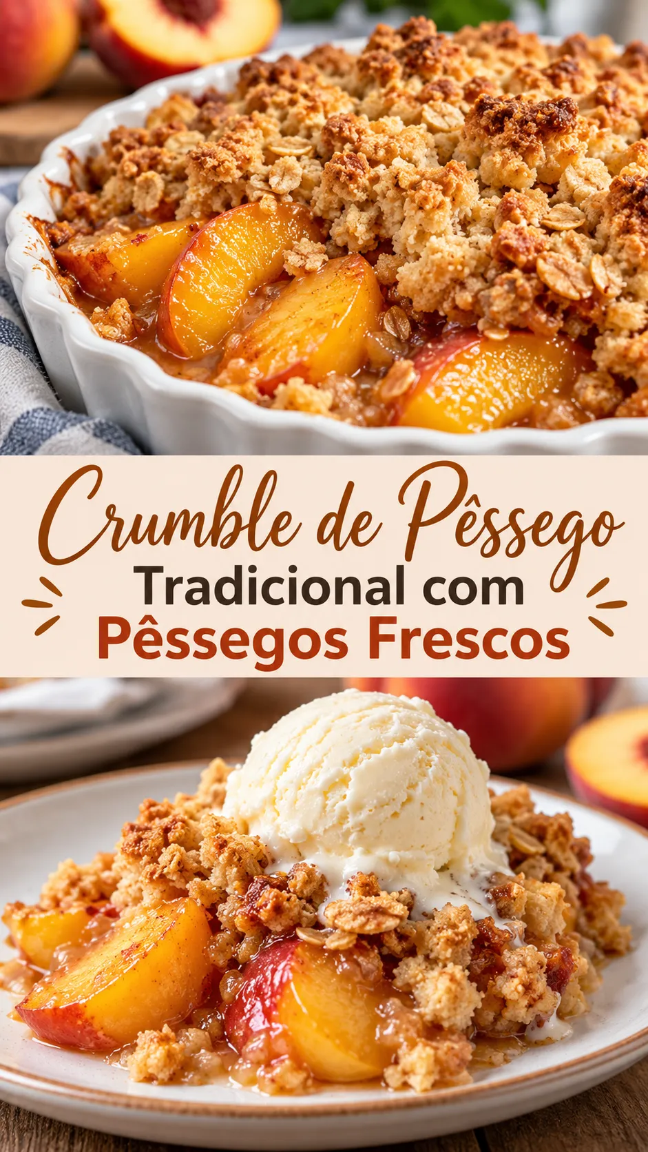 Imagem para o Pinterest com o título “Crumble de Pêssego Tradicional com Pêssegos Frescos” e duas fotos da receita