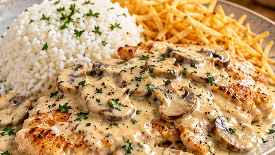Foto de escalopinho de Frango ao Molho de Champignon pronto para servir
