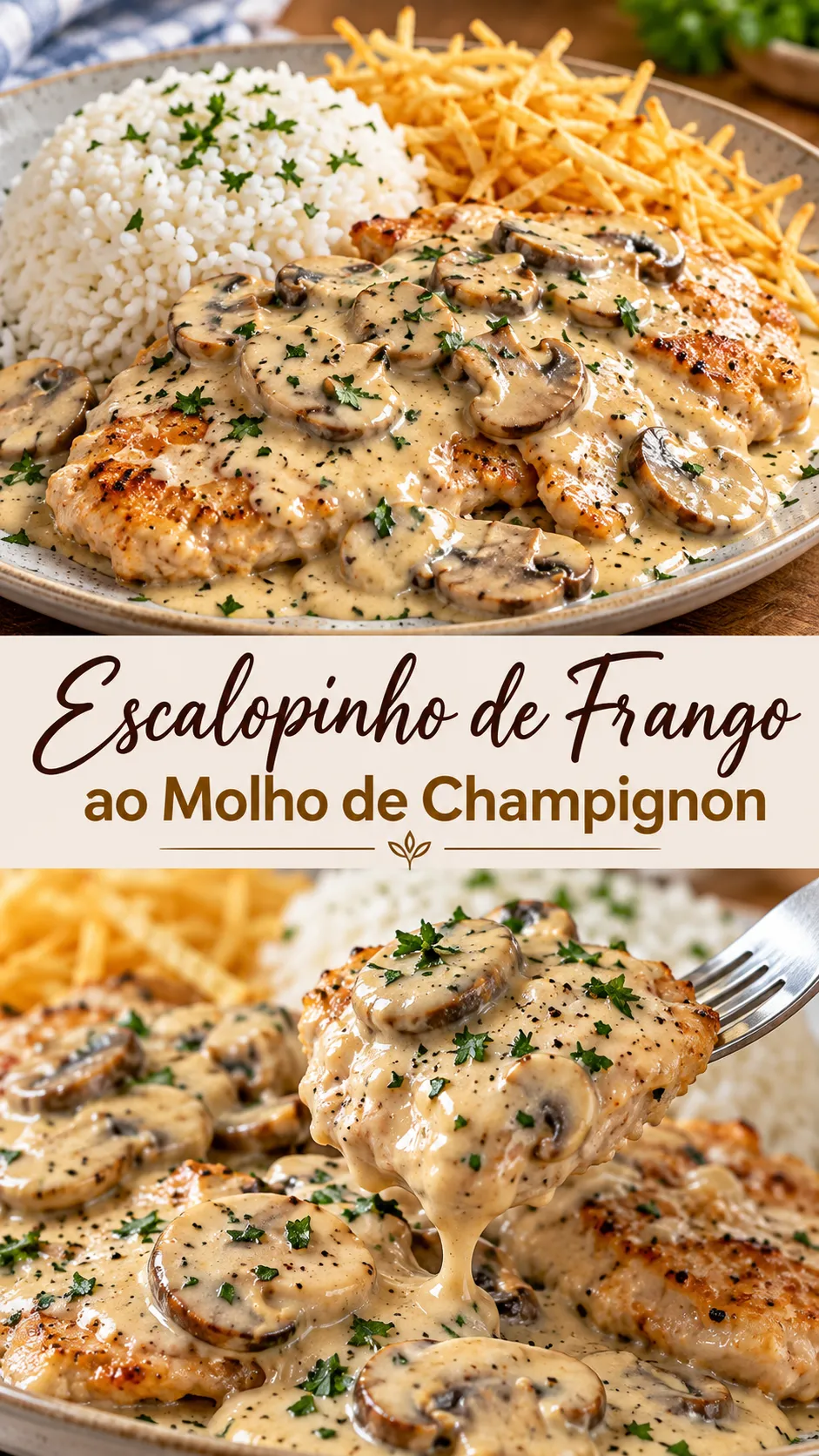 Imagem para o Pinterest com o título “Escalopinho de Frango ao Molho de Champignon” e duas fotos da receita