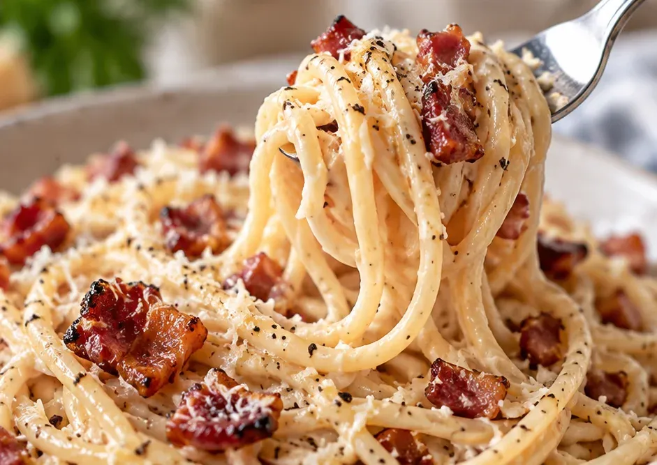 Outra foto de espaguete à Carbonara Cremoso com Creme de Leite (Sem Ovos)