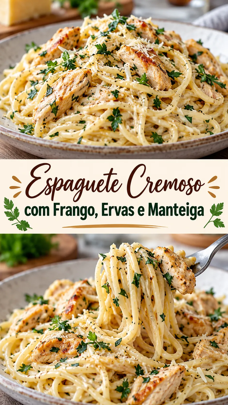 Imagem para o Pinterest com o título “Espaguete Cremoso com Frango, Ervas e Manteiga” e duas fotos da receita