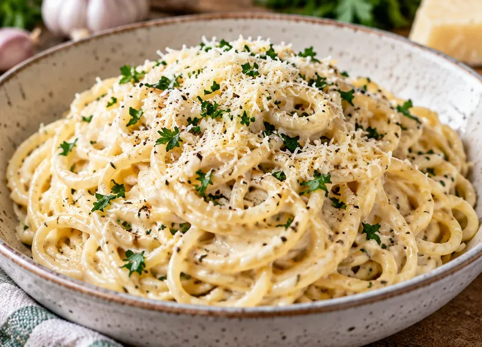 Outra foto de espaguete Cremoso com Molho de Alho e Parmesão