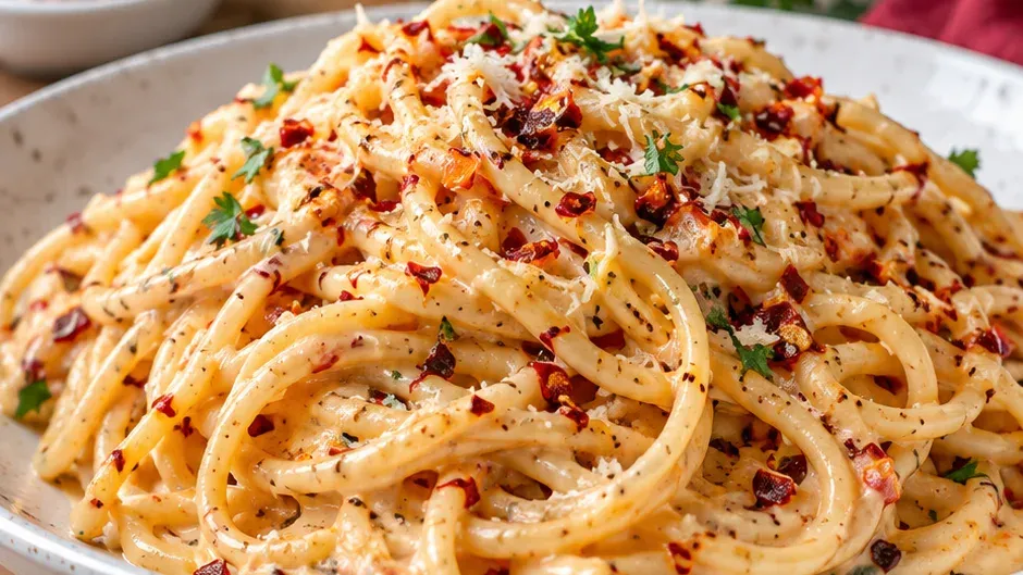 Foto de espaguete Cremoso Picante com Pimenta Calabresa pronto para servir