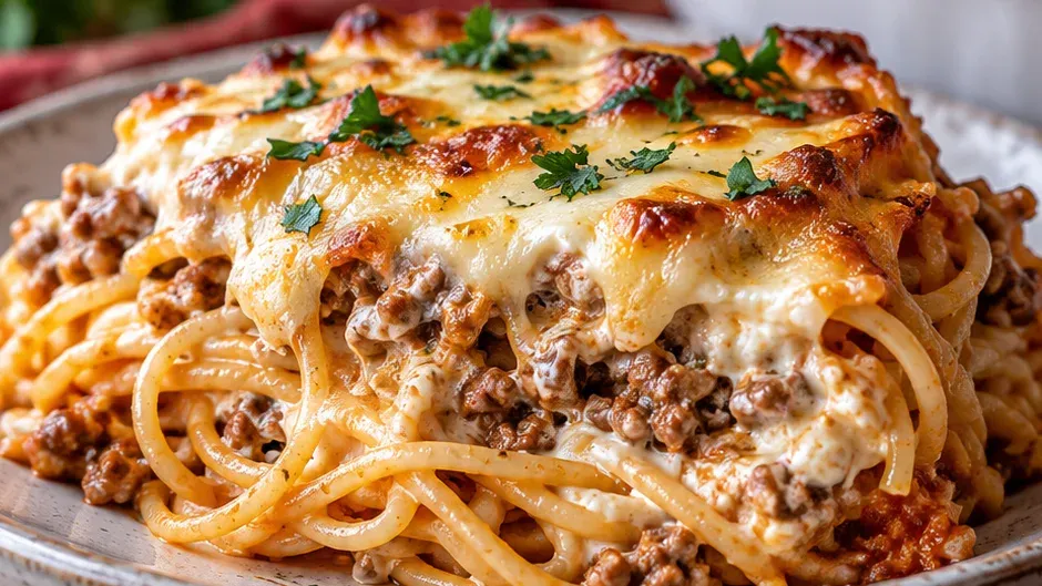 Foto de espaguete de Forno com Carne Moída e Cream Cheese pronto para servir