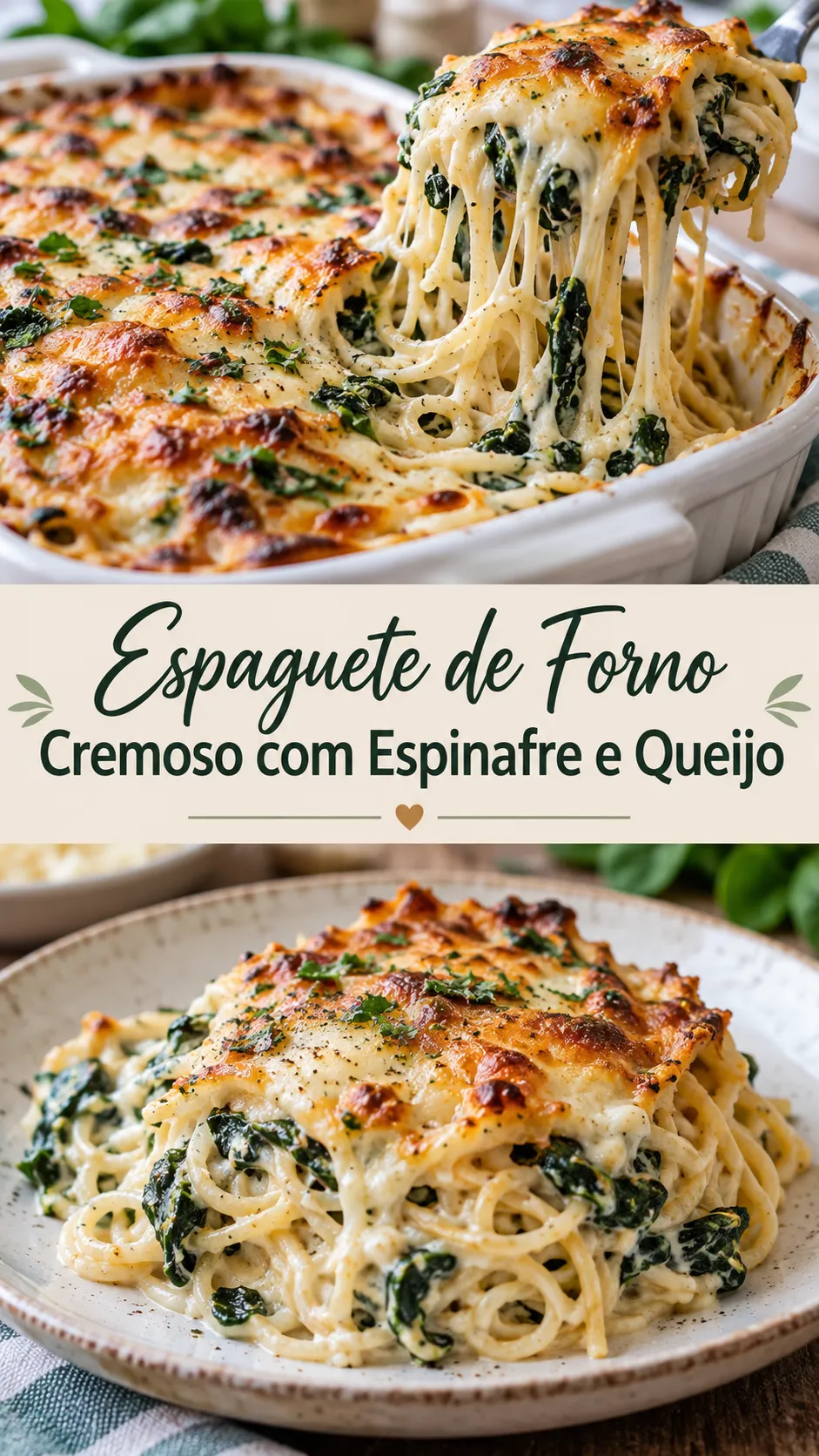 Imagem para o Pinterest com o título “Espaguete de Forno Cremoso com Espinafre e Queijo” e duas fotos da receita