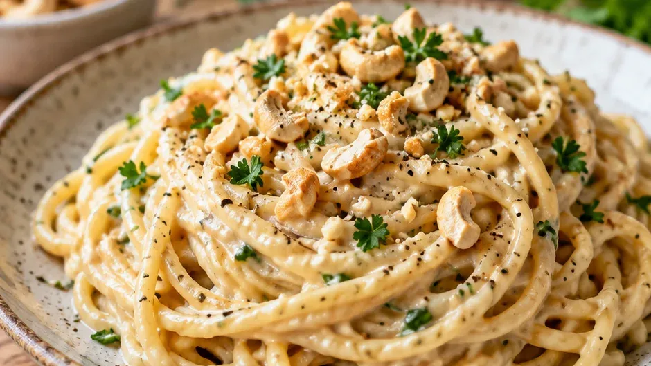 Foto de espaguete Vegano Cremoso com Molho de Castanha-de-Caju pronto para servir