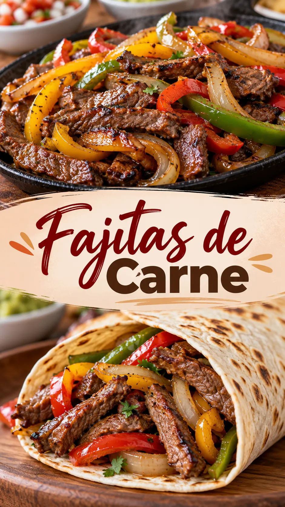 Imagem para o Pinterest com o título “Fajitas de Carne” e duas fotos da receita
