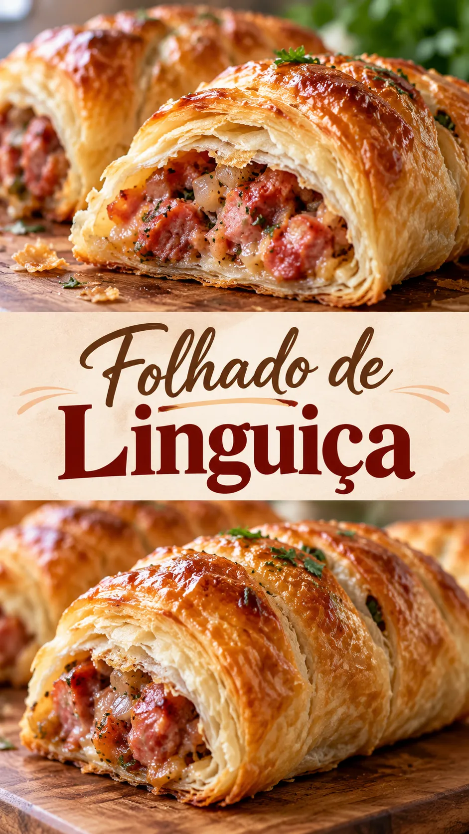 Imagem para o Pinterest com o título “Folhado de Linguiça” e duas fotos da receita